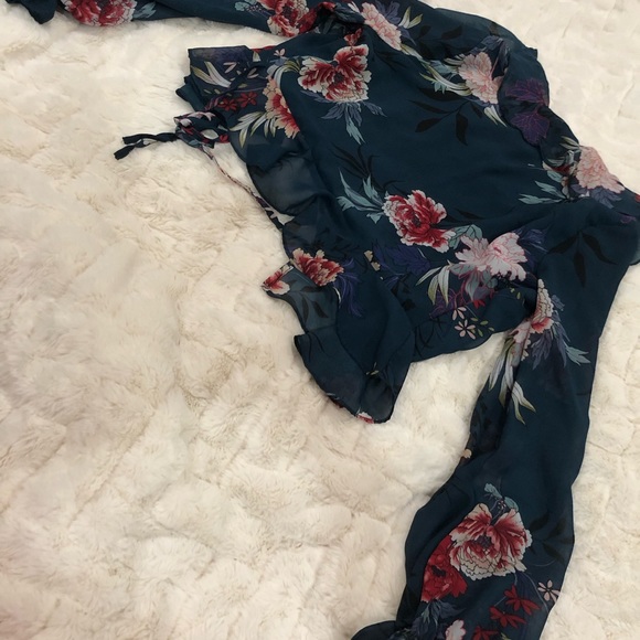 Floral crop top with sheer sleeves; button for front closure, ruffle trim bottom - Picture 7 of 9